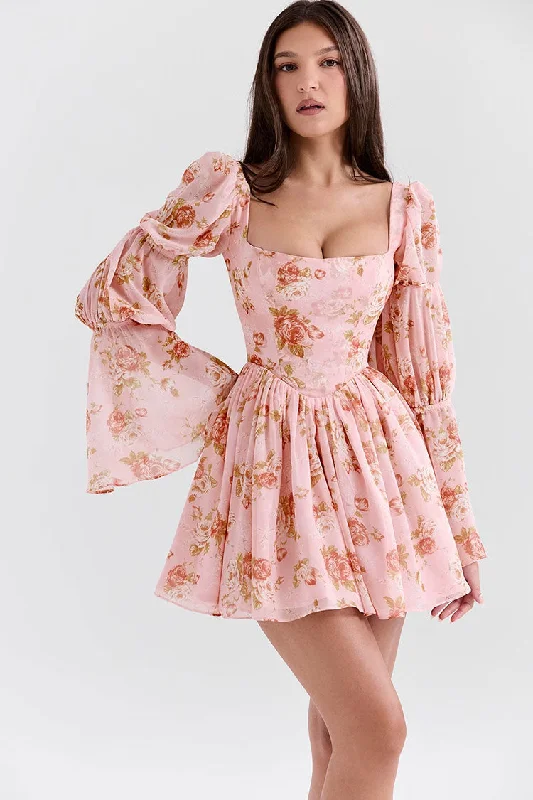 Retro Style Promotions Elevated Style Romantic Floral Square Neck Puff Sleeve Drop Waist Chiffon Party Mini Dress