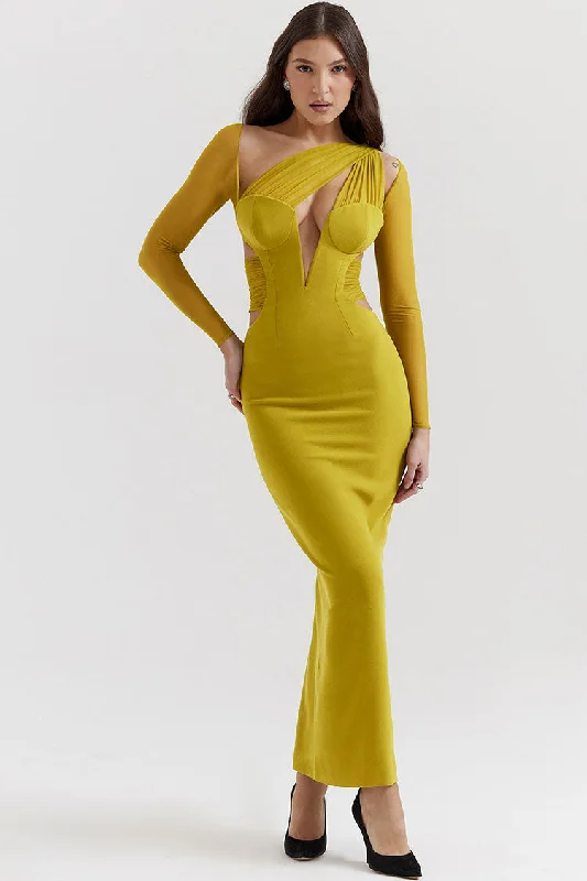 Timeless Elegance Sale Romantic Date - Night Ensemble Sexy Sheer Ruched One Shoulder Cutout Bodycon Evening Maxi Dress - Yellow