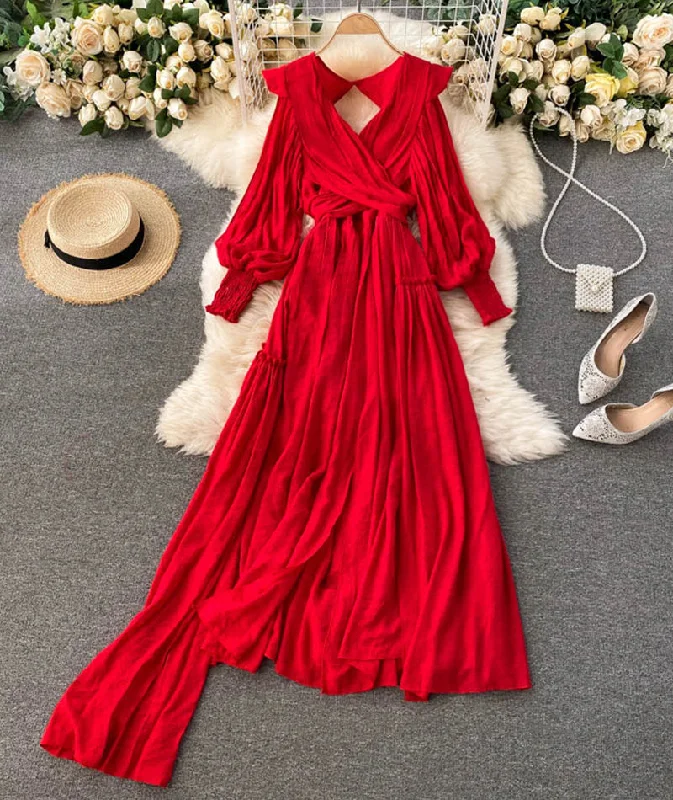 Best Sellers Limited - Stock Red A line v neck open back dress long sleeve dress  942