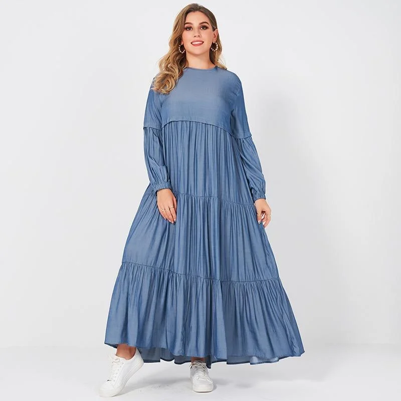 Sophisticated Street Style Offers Art Deco Geometric Pattern Look FashionSierra - New Summer Women Long Dress Fashion Sweet Pure Blue Color O-neck Pleated Cake Loose Large Size Big Swing Long Sleeve Dresses