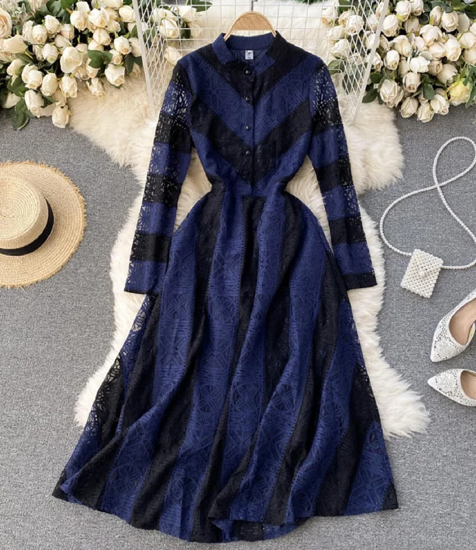 Latest Fashion Feminine Elegance Blue lace long sleeve dress A line dress  1301