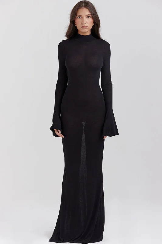 Fashion Frontiers Refined Simplicity Sexy Cutout Back Mock Neck Bell Sleeve Fishtail Evening Maxi Dress - Black