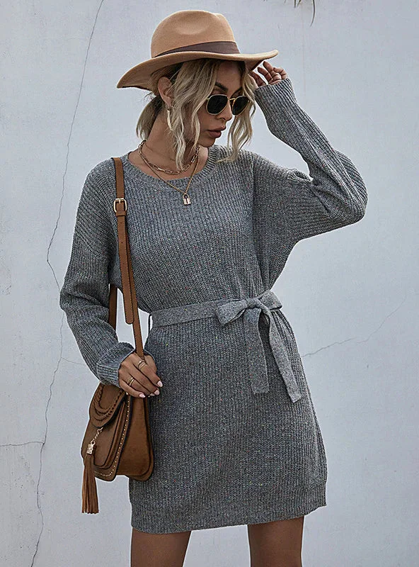 Save Big Boho Chic TastyHottie - TIE-UP SWEATER LOOSE SWEATER DRESS