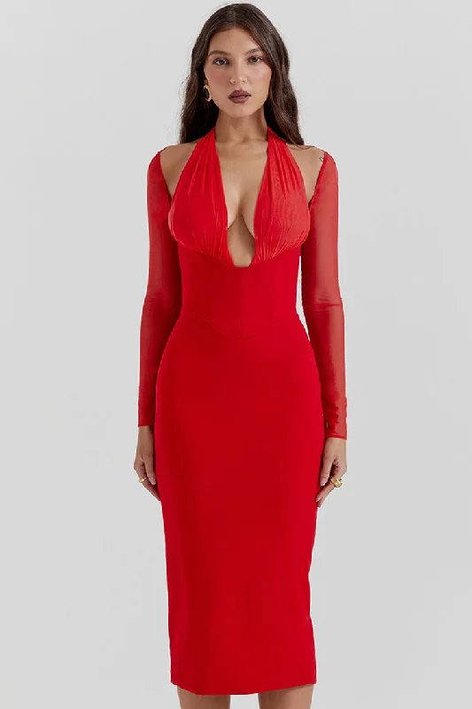 Boutique Styles Bohemian Vibe Sexy Halter Deep V Cold Shoulder Long Sleeve Bodycon Cocktail Party Midi Dress - Red