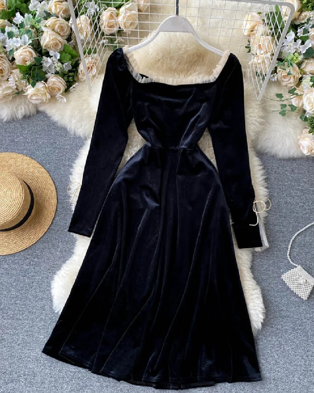 Exclusive Designer Style Deals Effortless Grace Black velvet long sleeve dress  1045