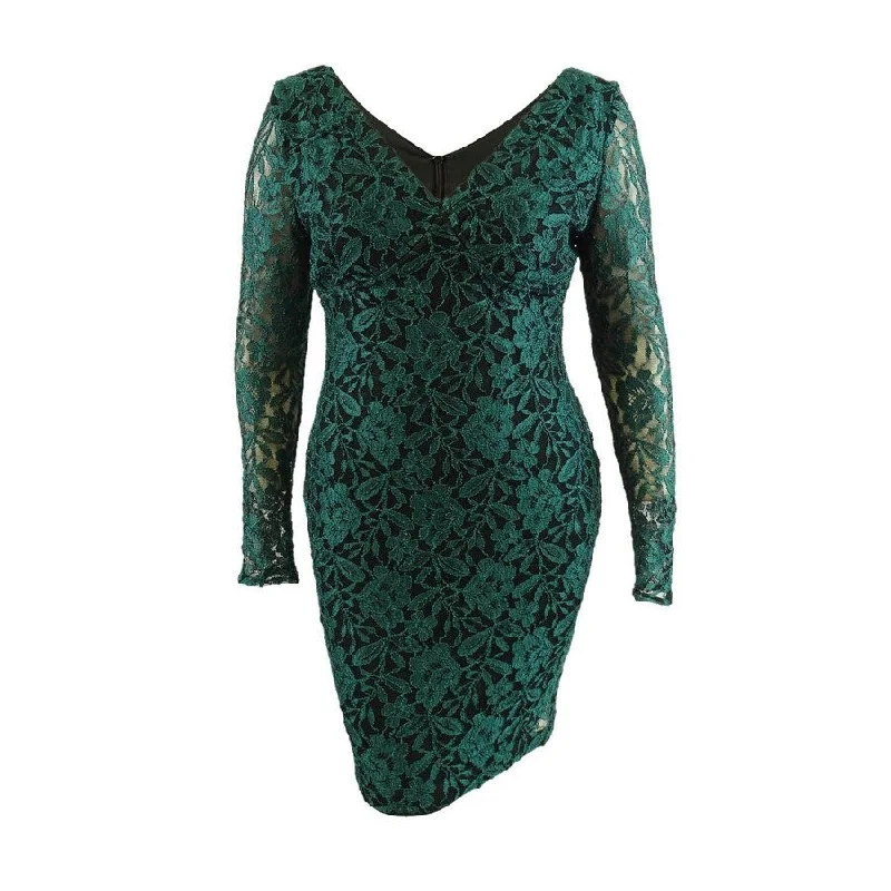 Romantic Chic Deals Graceful Cut Guess Women's Lace Long Sleeve Body Con Dress (16, Emerald/Black)