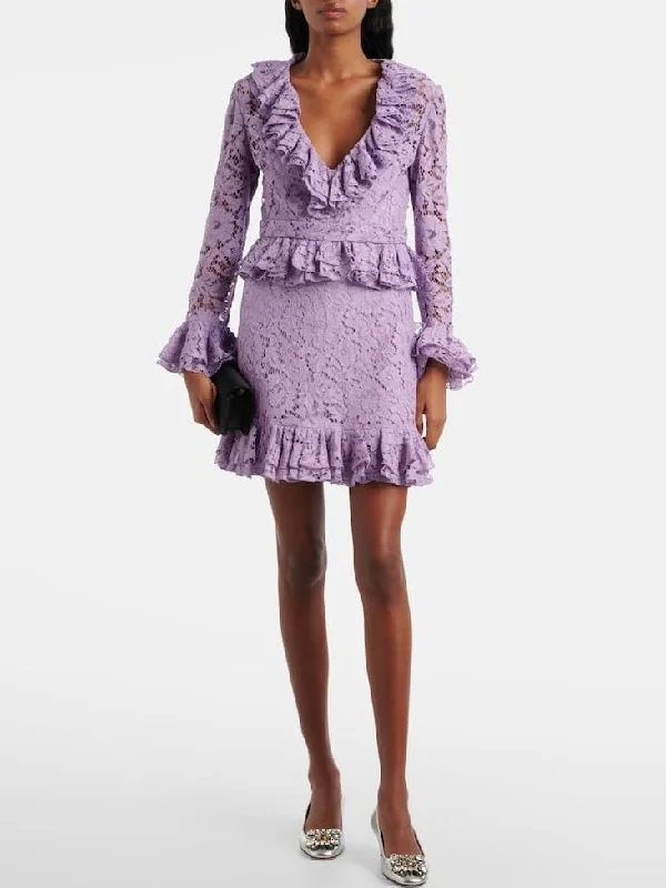 Style Breakthroughs Alluring Design Lilac Ruffled V-Neck and Peplum Lace Mini Dress