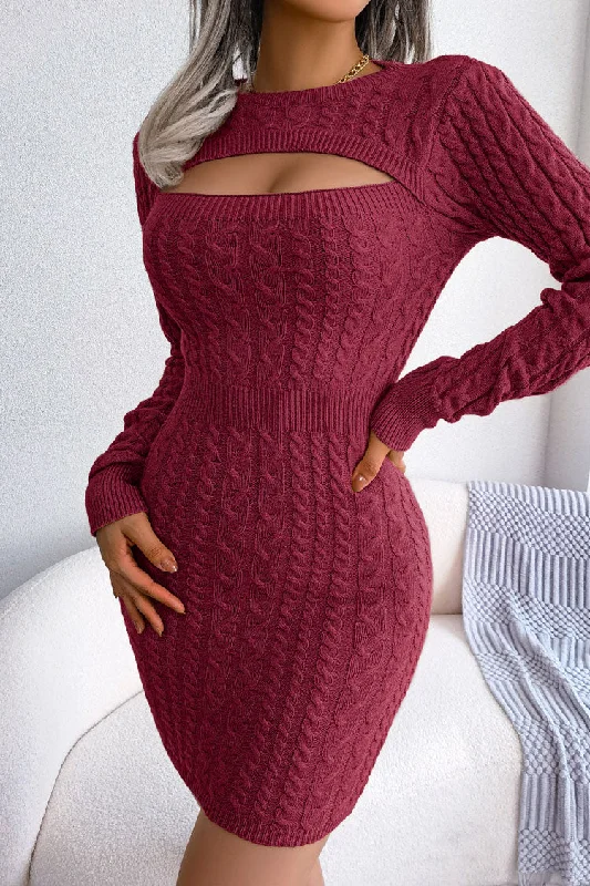 Seasonal Trends Elegant Attire Sexy Cutout Fisherman Cable Knit Bodycon Sweater Mini Dress - Burgundy