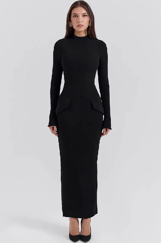 Smart Casual Deals Vintage Elegance Minimalist High Neck Flap Trim Long Sleeve Split Bodycon Evening Maxi Dress