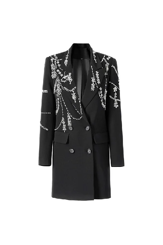 Summer Fashion Seasonal Trend Luxury Crystal Lapel Shoulder Pad Long Sleeve Double Breasted Crepe Blazer