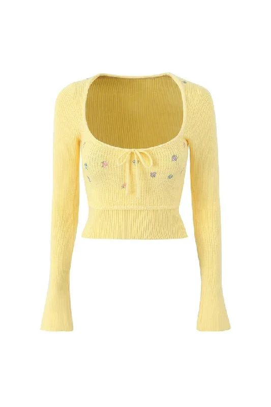 Clearance Event Disco - Inspired Retro Dance Look Cute Tie Neck Floral Embroidery Long Sleeve Crop Ribbed Knit Sweater