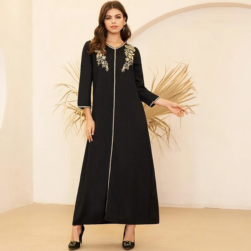 Daring Fashion Promotions Coastal Beach - Inspired Style FashionSierra - Women's Fashion Arabian Style V-neck Gold Embroidery Pair Flower Long Loose Black Long Sleeve Dresses Plus Size