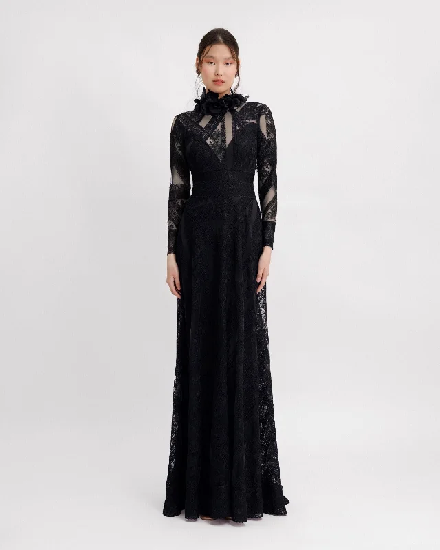 Fashion Forward Femininity Save on Classic Elegant Styles Patterned Lace Long Sleeves Black Dress