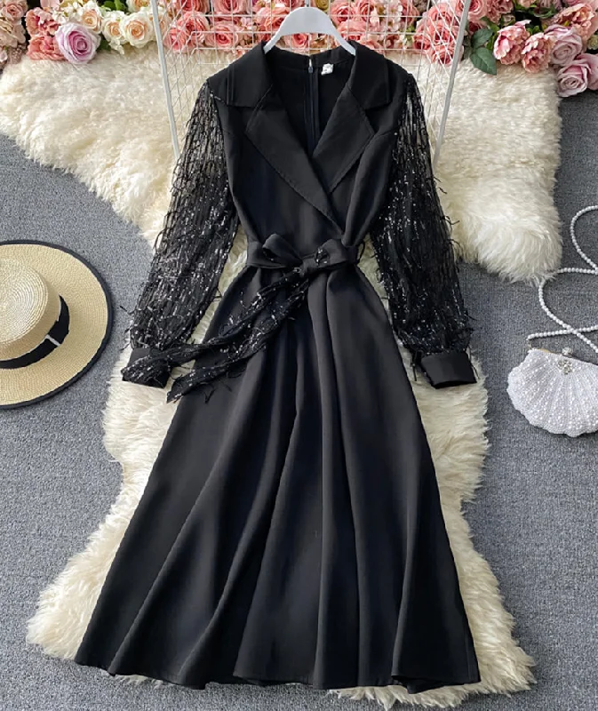 Shop The Hottest Deals Boho - Chic Festival - Ready Style Black v neck sequins long sleeve dress  958