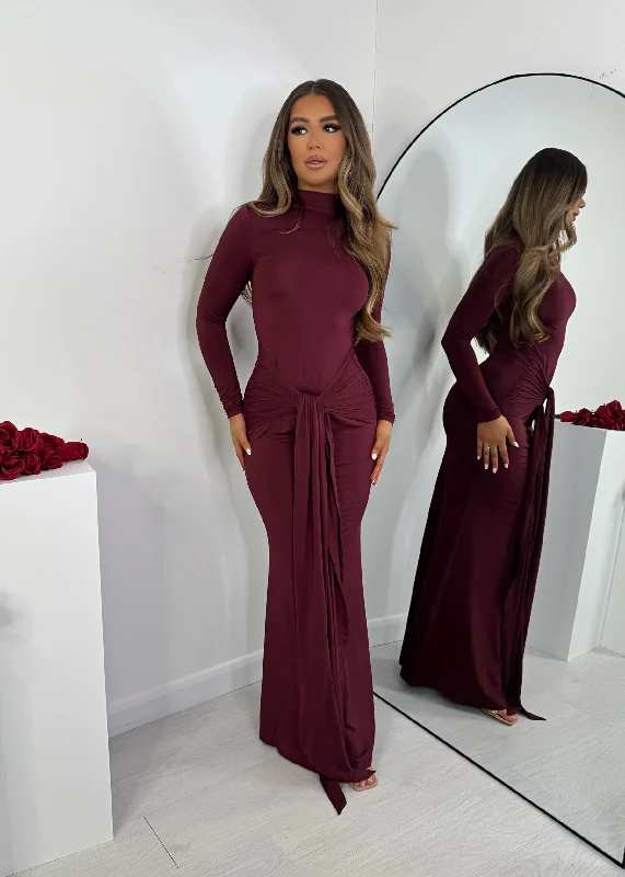 Playful Fashion Offers Disco - Inspired Retro Dance Look Perfectly Imperfect Tie Maxi Dress - Burgundy