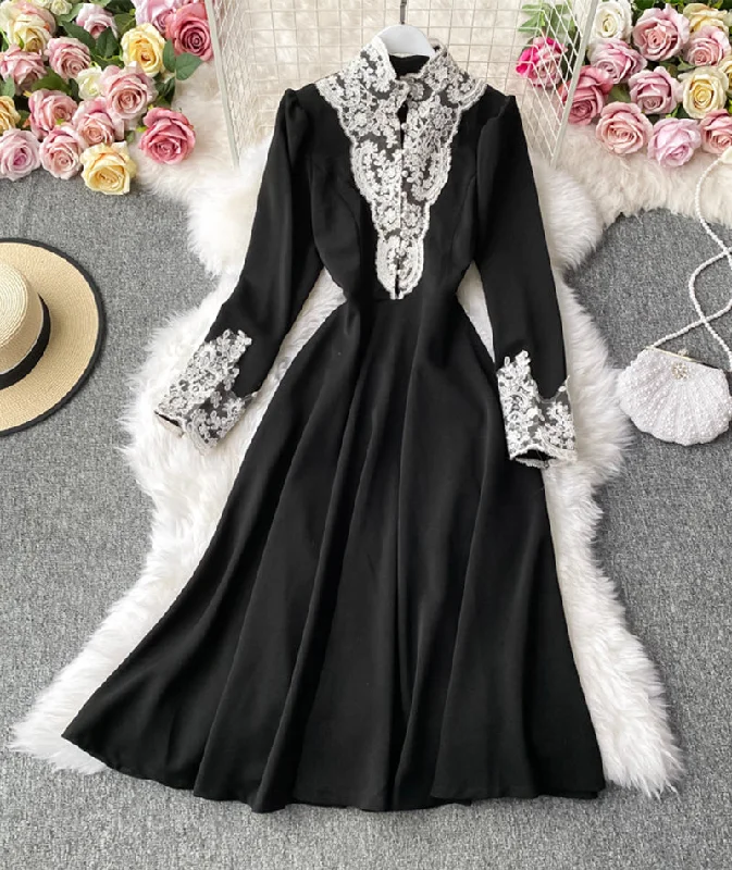 Fashion Forward Classic Timeless Elegant Style Black lace long sleeve dress  967