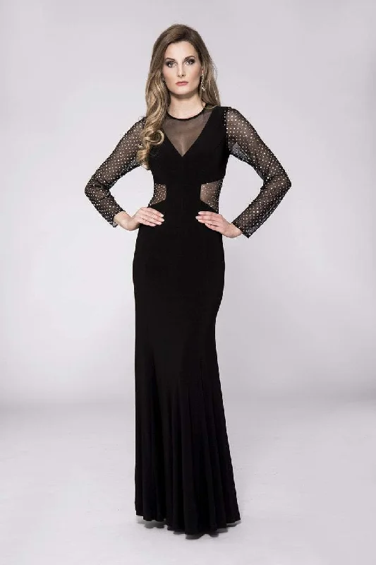 Premium Style Offers Timeless Elegant Cachet - Jewel Studded Illusion Long Sleeve Dress 57535SC