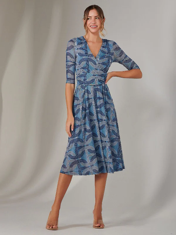 Explore What'S New Feminine Elegant Mesh Wrap Midi Dress, Blue Pattern