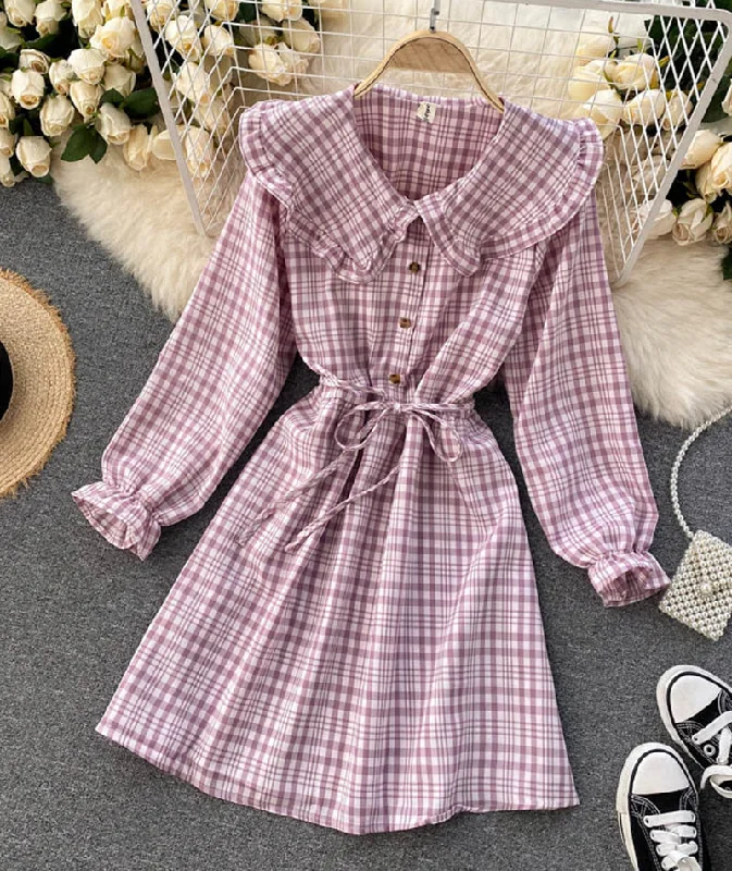 Cozy Comfort Style Sale Elegant Ensemble Cute A line plaid dress long sleeve dress  1030