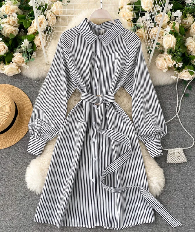 Daily Deals Cottagecore Rustic Charm Style Simple black and white striped long sleeve dress  954