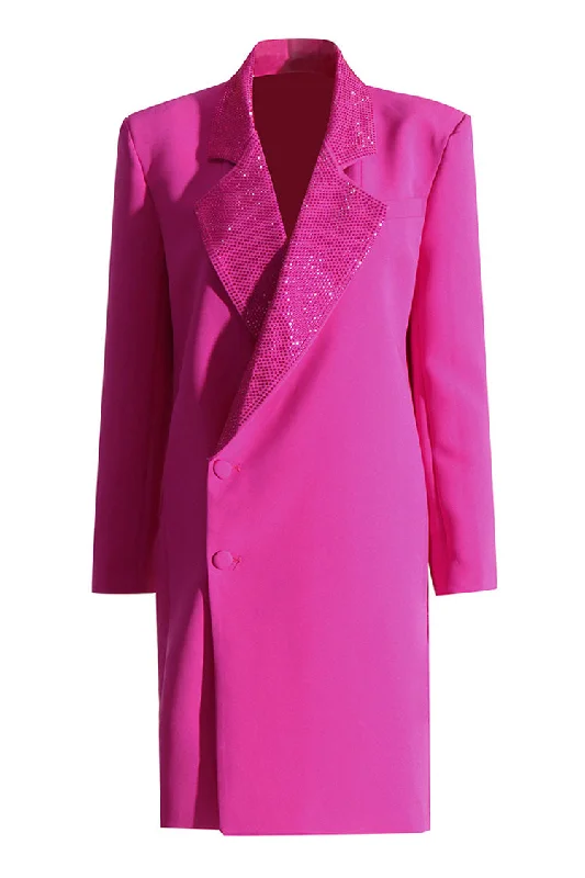 Statement Fashion Offers Effortless Sophistication Sparkly Lapel Padded Long Sleeve Button Down Rhinestone Long Blazer