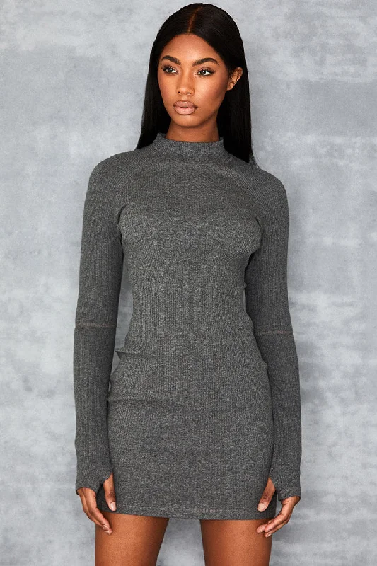 Stay Ahead In Style Feminine Elegance Ribbed High Neck Cut Out Long Sleeve Bodycon Mini Dress -Gray