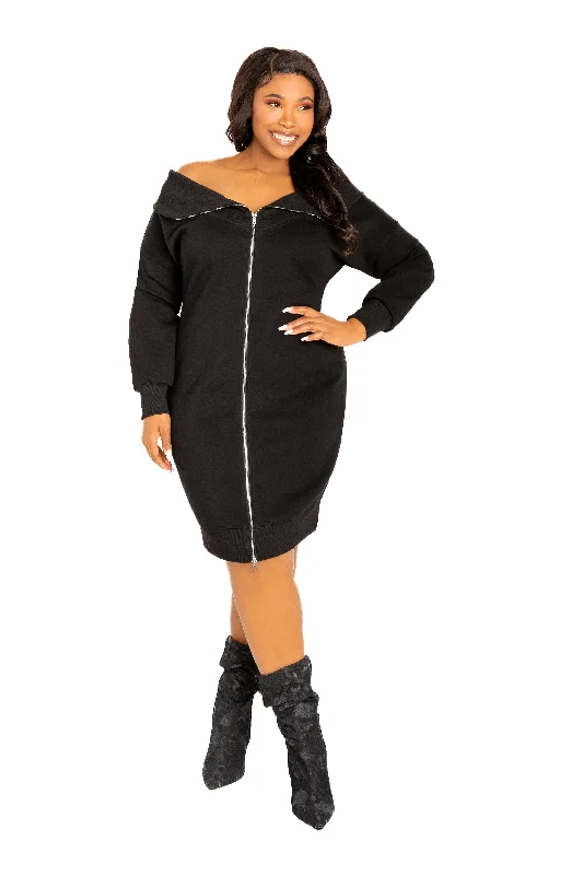 Laid-Back Fashion Offers Flash Sale Off Shoulder Zip-up Sweater Dress