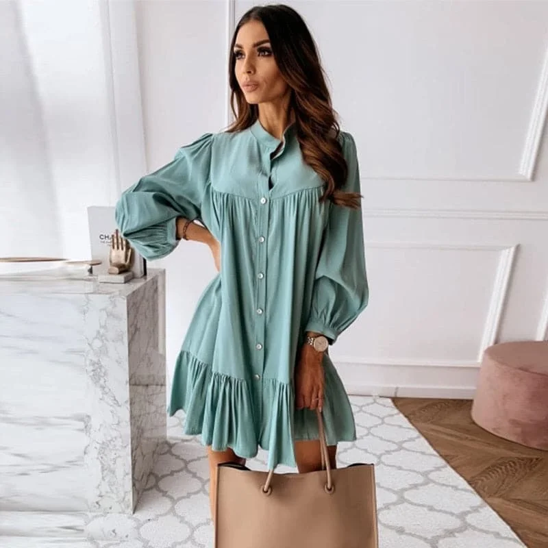 Chic Trend Collection Elevated Style DressBetty - Women Vintage Ruffled Front Button A-line Dress Long Sleeve Stand Collar Solid Elegant Casual Mini Dress Autumn New Dress