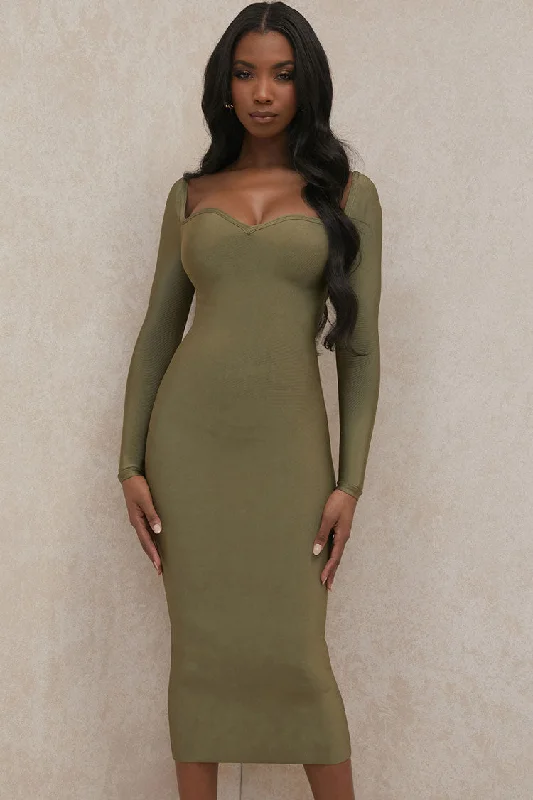 Valentine's Special Chic Urban Fashion Look Long Sleeve Sweetheart Neck Bandage Midi Dress - Green