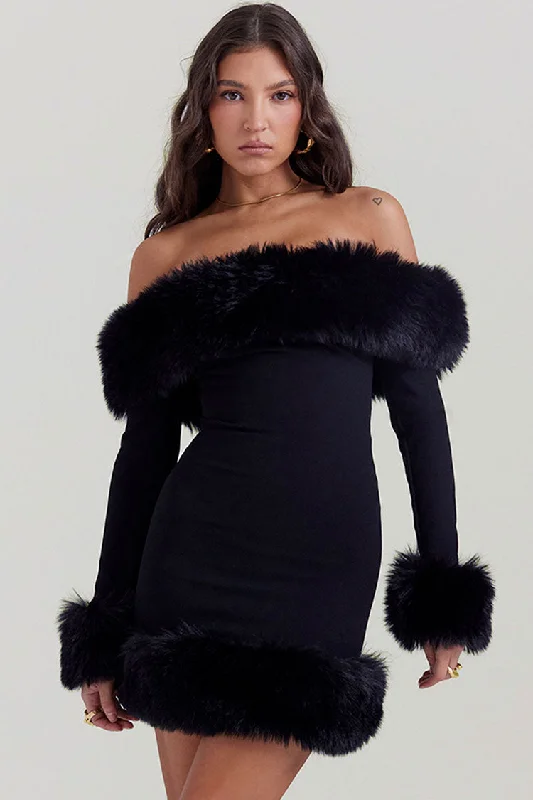 Chic And Edgy Dreamy Aesthetic Sexy Faux Fur Off The Shoulder Long Sleeve Winter Bodycon Party Mini Dress - Black