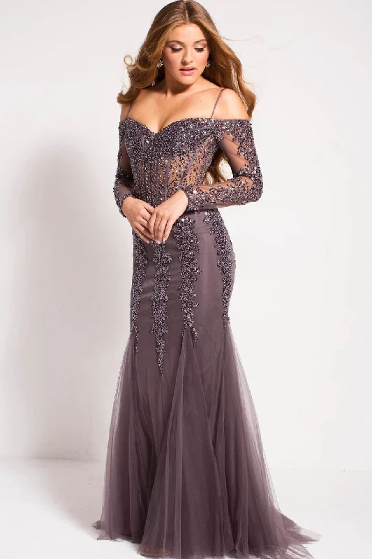 New Styles Just In Today Only Jovani - 55522SC Off-Shoulder Illusion Bodice Beaded Long Sleeve Gown