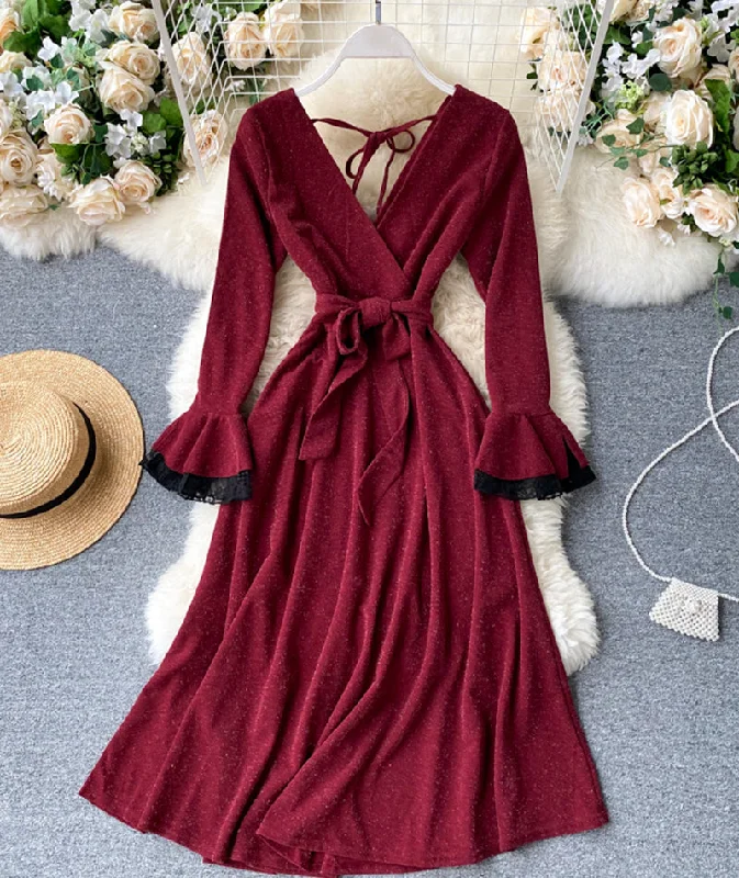 Vibrant Style Promotions Refined Look Stylish v neck long sleeve dress  1024