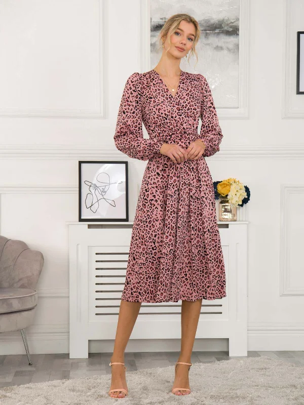 Fall Sale, Prices Drop Exquisite Craftsmanship Libby Long Sleeve Midi Dress, Pink Animal