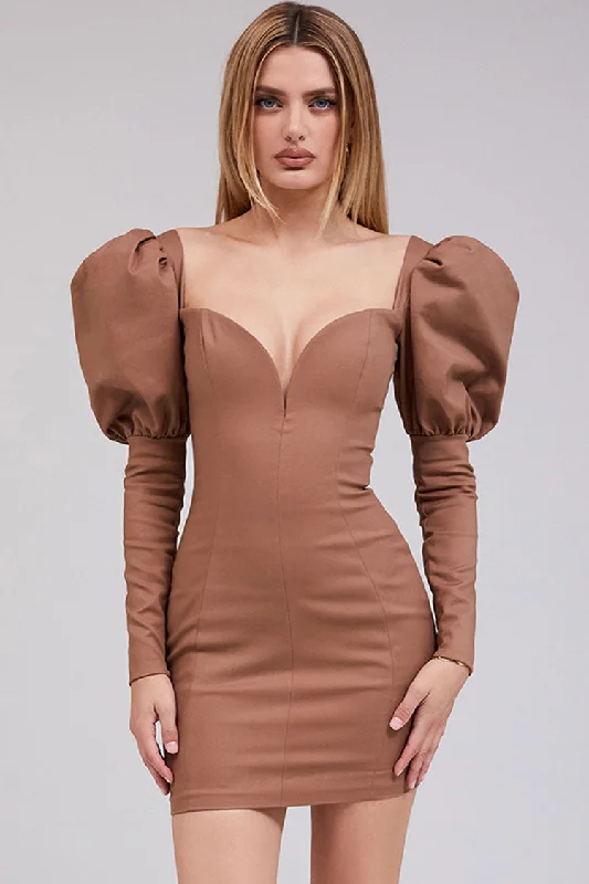 Style Upgrade Flash Sale Puff Sleeve Deep V Bodycon Cocktail Party Mini Dress - Coffee