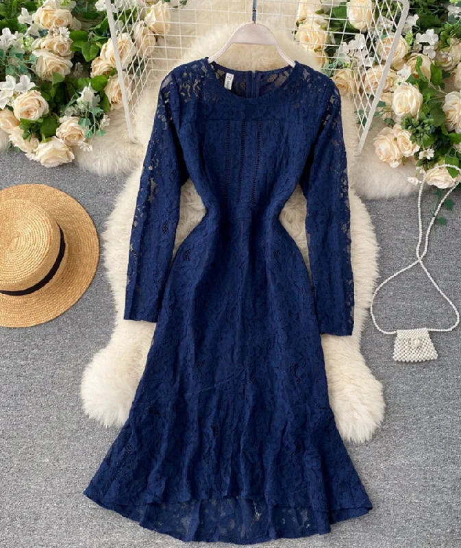 Don't Miss Out Tropical Island - Inspired Attire Blue round neck lace short dress long sleeve dress  955