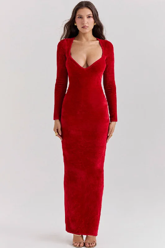 Fresh Fashion Discounts Minimalist Office - Ready Style Sexy Sweetheart Neck Long Sleeve Velvet Bodycon Maxi Evening Dress - Red