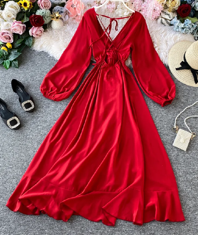 Cozy Chic Promotions Summer Fashion Red A line v neck long sleeve dress women's dress  1066