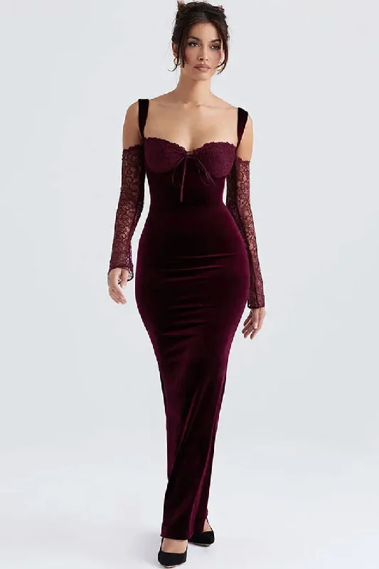 New Season Fashion Preview Feminine Charm Sexy Bow Tie Sweetheart Cutout Shoulder Velvet Evening Maxi Dress - Burgundy