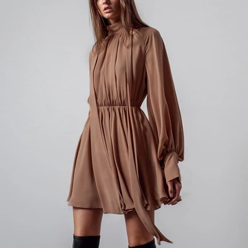 Style Revolution Vintage Elegance DressBetty - Classic Half High Collar Solid Long-sleeve Chiffon Dresses