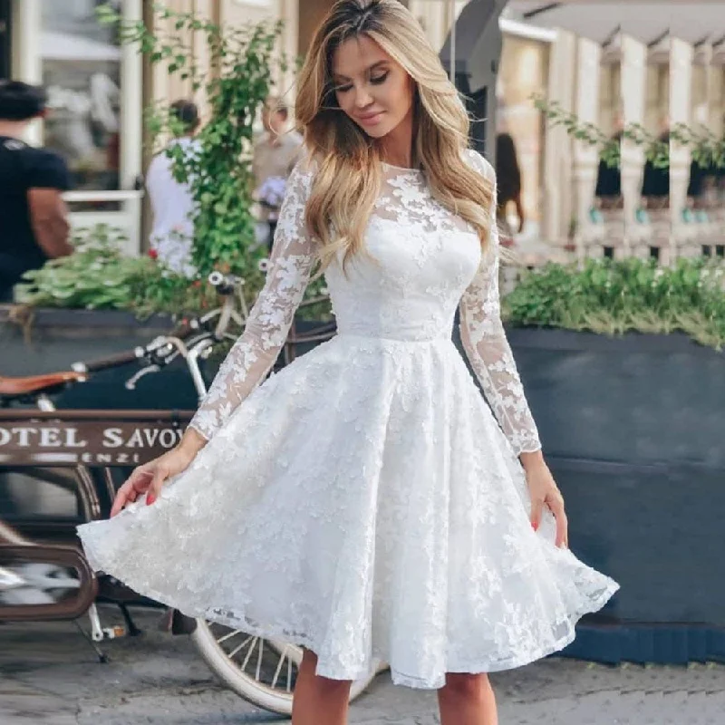 Easy Elegance Sales Casual Weekend Relaxed Style FashionSierra - Women Sexy White Lace Hook Flower Hollow Patchwork Boho Long Sleeve Dresses Wedding Party