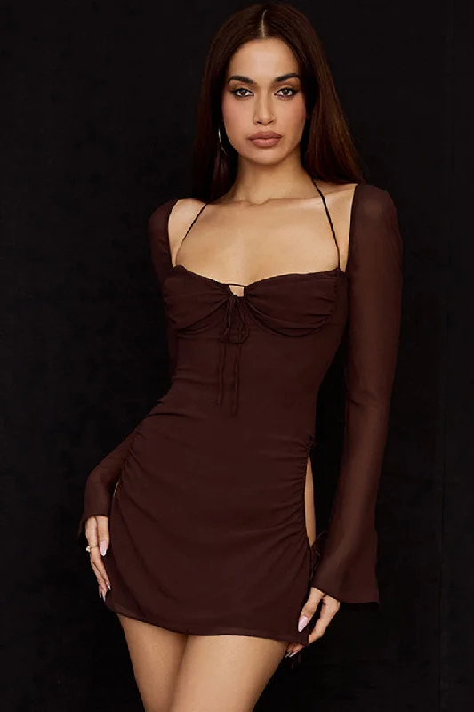 Special Offer For You Refined Look Darling Halter Neck Long Sleeve Cutout Club Mini Dress - Chocolate