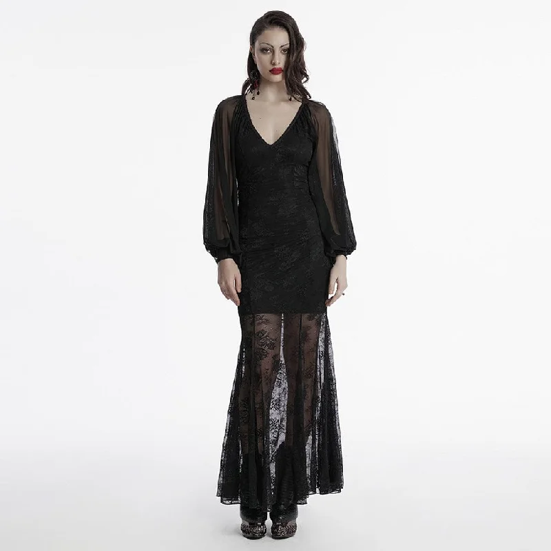 Popular Collection Vintage Look Women's Gothic Plunging Batwing Sleeved Fishtail Dress