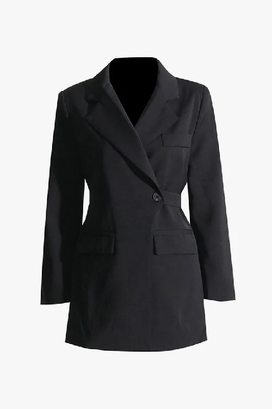 Affordable Trendy Fashion Refined Simplicity Moderate Lapel Strong Shoulder Long Sleeve Buttoned Belt Blazer Mini Dress