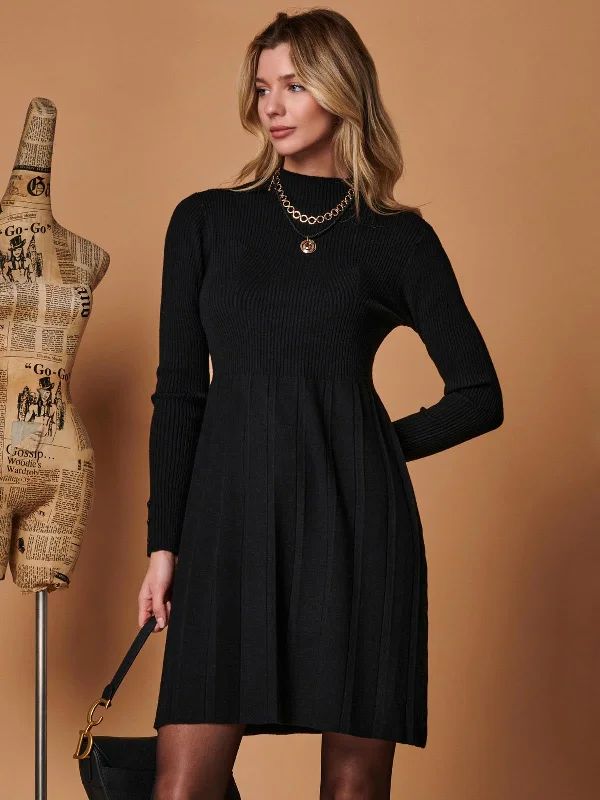 Stupidly Low Prices Luxury Style Long Sleeve Fit & Flare Knit Dress, Black