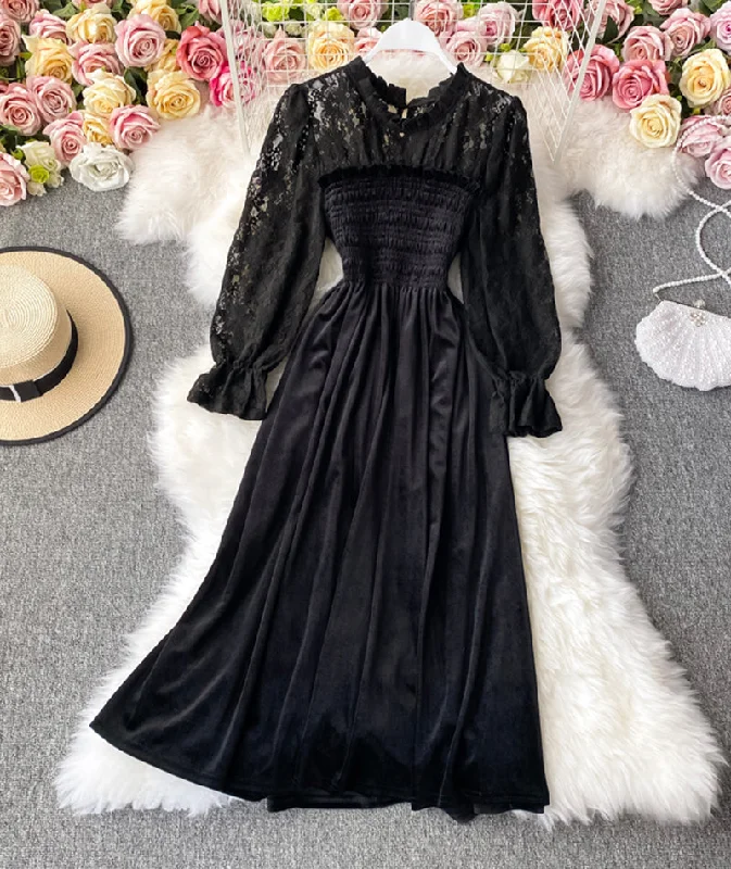 Massive Selection Sale Sophisticated Cut Elegant black velvet lace dress long sleeve dress  986