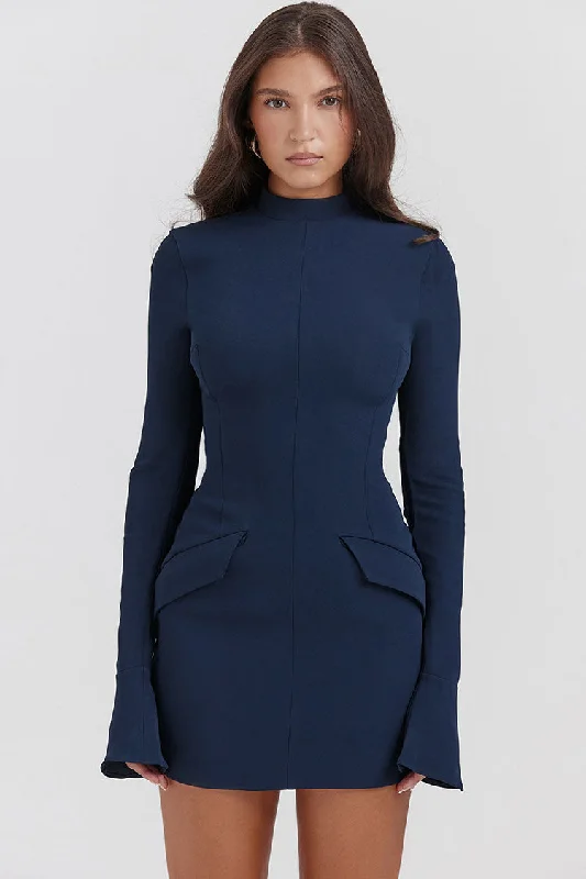 The Latest Fashion Trends Soft Textures OL Mock Neck Bell Sleeve Flap Pocket Bodycon Party Mini Dress - Navy Blue