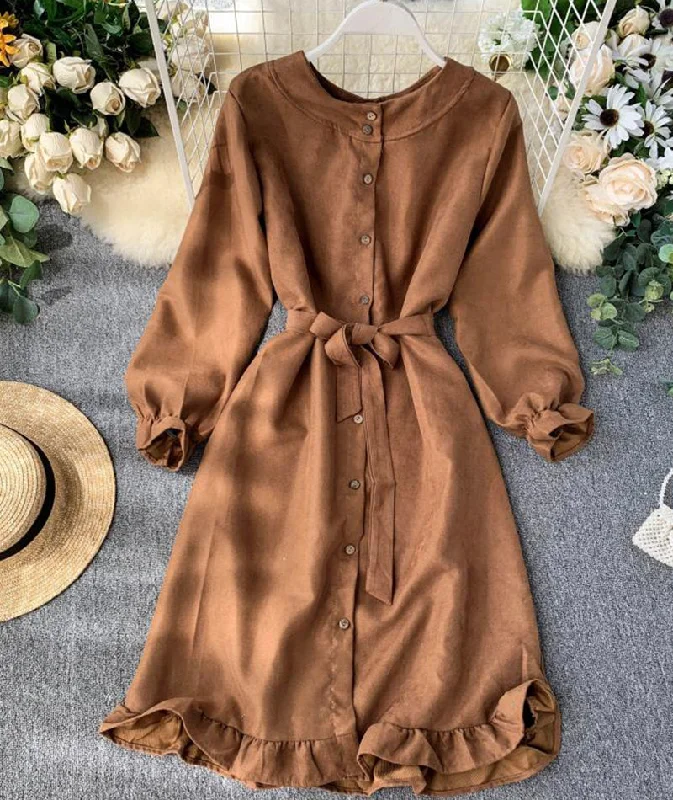 Trendy Styles Polished Finish Long sleeve ruffle hem button down dress  1317